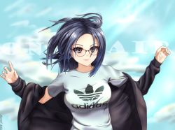 Rule 34 | 1girl, absurdres, adidas, artist name, black hair, black jacket, blue sky, breasts, character name, cloud, cloudy sky, day, glasses, grey eyes, highres, indie virtual youtuber, jacket, kson, light smile, lips, long hair, looking at viewer, marsel arts, medium breasts, off shoulder, open clothes, open jacket, outdoors, shirt, sky, solo, t-shirt, upper body, virtual youtuber, w arms, wind