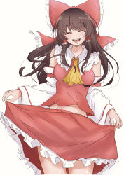 Rule 34 | 1girl, absurdres, ascot, bare shoulders, blush, bow, breasts, brown hair, closed eyes, clothes lift, commentary request, cowboy shot, cropped legs, detached sleeves, frilled bow, frilled hair tubes, frilled skirt, frills, hair bow, hair tubes, hakurei reimu, highres, long hair, medium breasts, midriff peek, nishizuki shino, nontraditional miko, open mouth, red bow, red shirt, red skirt, shirt, simple background, skirt, skirt lift, smile, solo, touhou, white background, wide sleeves, yellow ascot