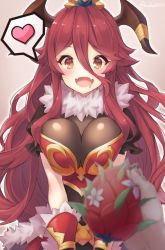 Rule 34 | 1girl, :d, blush, breasts, brown eyes, cleavage, cygames, dragalia lost, dragon girl, dragon horns, fangs, food, fruit, heart, horns, large breasts, leaning forward, looking at viewer, mym (dragalia lost), nintendo, open mouth, red hair, saliva, smile, solo, spoken heart