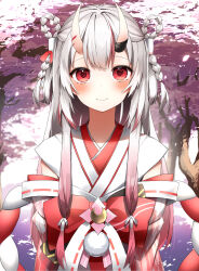 Rule 34 | 1girl, absurdres, blush, cherry blossoms, commentary request, crescent, crescent pin, gradient hair, hair between eyes, highres, hololive, horns, japanese clothes, kimono, looking at viewer, multicolored hair, nakiri ayame, nakiri ayame (shrine maiden), nontraditional miko, pepushi drow, red eyes, red hair, sidelocks, skin-covered horns, smile, solo, streaked hair, virtual youtuber, white hair