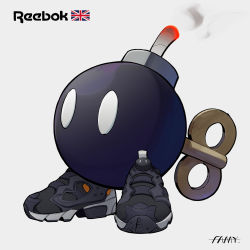 Rule 34 | absurdres, artist name, black footwear, bob-omb, bomb, commentary request, company name, creature, explosive, fami (yellow skies), full body, highres, mario (series), nintendo, no humans, reebok, simple background, smoke, solo, union jack, white background, white eyes