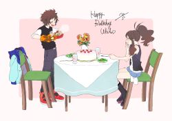 Rule 34 | 1boy, 1girl, absurdres, antenna hair, bare arms, belt buckle, black footwear, black vest, blush, boots, brown hair, buckle, cake, chair, closed eyes, closed mouth, commentary request, creatures (company), food, fork, from side, game freak, glass, grey pants, hagetapo, happy birthday, heart, high ponytail, highres, hilbert (pokemon), hilda (pokemon), holding, jacket, unworn jacket, mittens, nintendo, orange mittens, oven mitts, pants, pokemon, pokemon adventures, red footwear, shirt, shoes, shorts, sidelocks, sitting, smile, standing, steam, table, themed object, vest, white shirt
