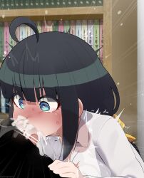 Rule 34 | 1boy, 1girl, absurdres, black hair, blue eyes, breasts, cleavage, collared shirt, commentary request, cum, cum in mouth, cum overflow, deepthroat, fellatio, heart, heart-shaped pupils, hetero, highres, indoors, jippensha nashiko, library, long hair, medium breasts, mizumizuni, oral, penis, pon no michi, shirt, solo focus, symbol-shaped pupils, white shirt