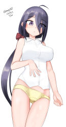 Rule 34 | 1girl, absurdres, ariake (kancolle), black hair, cowboy shot, dress shirt, hair over one eye, highres, kantai collection, long hair, looking down, low ponytail, maru (marg0613), one-hour drawing challenge, panties, purple eyes, shirt, simple background, sleeveless, sleeveless shirt, solo, standing, underwear, white background, white shirt, yellow panties