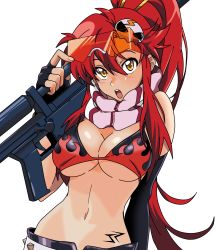 Rule 34 | 1girl, bikini, bikini top only, breasts, cleavage, commentary, derivative work, elbow gloves, english commentary, eyewear on head, fingerless gloves, flame print, gloves, gun, hair between eyes, hair ornament, highres, holding, holding gun, holding weapon, jonathanpiccini-jp, large breasts, long hair, looking at viewer, midriff, navel, open mouth, ponytail, red hair, rifle, safety glasses, skull, skull hair ornament, solo, swimsuit, tattoo, teeth, tengen toppa gurren lagann, tongue, transparent background, upper body, weapon, yellow eyes, yoko littner