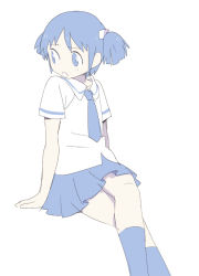 Rule 34 | 1girl, arm support, blue eyes, blue hair, blue necktie, blue skirt, blue theme, collared shirt, crossed legs, hair ornament, kneehighs, limited palette, looking to the side, naganohara mio, necktie, nichijou, no nose, nse, open mouth, pleated skirt, raised eyebrow, school uniform, shirt, short hair, short sleeves, short twintails, simple background, sitting, skirt, socks, solo, tareme, tokisadame school uniform, twintails, white background