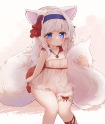 Rule 34 | 1girl, animal ears, bare shoulders, blue eyes, blush, breasts, cape, dress, fox ears, fox girl, fox tail, hair ornament, hairband, long hair, multiple tails, no panties, original, pussy, pussy peek, red cape, short dress, sitting, small breasts, solo, strapless, strapless dress, sunapua, sundress, tail, thigh gap, thighs, underwear, white dress, white hair