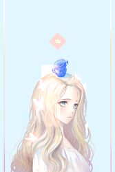 Rule 34 | 1girl, absurdres, blonde hair, blue background, blue eyes, butterfly hair ornament, closed mouth, collarbone, commentary, crown, cup, english commentary, forehead, hair ornament, highres, huyou (awegk), long hair, looking at viewer, on head, original, shirt, solo, swept bangs, upper body, wavy hair, white shirt