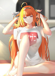 Rule 34 | 1girl, absurdres, ahoge, blonde hair, bow, breasts, bureoeve, dragon horns, hairband, half-closed eyes, hands in hair, highres, hololive, horn bow, horn ornament, horns, kiryu coco, large breasts, long hair, looking at viewer, multicolored hair, on bed, orange hair, parted lips, pointy ears, red eyes, shirt, sitting, solo, thighs, virtual youtuber