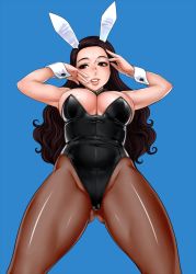 Rule 34 | 1girl, animal ears, blue background, breasts, brown eyes, brown hair, cleavage, fake animal ears, from below, hip focus, large breasts, long hair, matoyama, original, pantyhose, playboy bunny, rabbit ears, solo, thick thighs, thighs, wide hips
