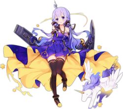 Rule 34 | 1girl, ahoge, alternate costume, alternate hairstyle, azur lane, black thighhighs, blush, breasts, collarbone, detached sleeves, dress, flight deck, full body, hair ornament, long hair, machinery, medium breasts, name connection, official art, open mouth, own hands together, purple eyes, purple hair, solo, star (symbol), stuffed animal, stuffed toy, stuffed winged unicorn, thighhighs, transparent background, unicorn (azur lane), unicorn (little star songstress) (azur lane), vocaloid, wavy mouth, wings