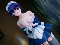 Rule 34 | 1girl, assassin lesson, blue hair, breasts, game cg, indoors, maid, maid cap, nipples, purple eyes, short hair, solo, thighhighs