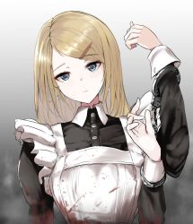 Rule 34 | 1girl, apron, blonde hair, blood, blood on clothes, blood on face, bloody apron, blue eyes, commentary, cuffs, dismemberment, expressionless, gradient background, hair ornament, hairclip, handcuffs, hands up, head tilt, highres, long hair, long sleeves, looking at viewer, maid, maid apron, original, solo, take (trude1945oneetyan), upper body