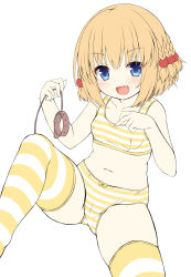 Rule 34 | 1girl, :d, absurdres, bare arms, bare shoulders, blonde hair, blue eyes, blush, bow, bow panties, bra, braid, breasts, brown collar, collar, collarbone, commentary request, fang, feet out of frame, hair between eyes, highres, holding, holding leash, kanisawa kinu, knee up, leash, looking at viewer, navel, open mouth, panties, sakuraba hikaru (loveindog), short hair, simple background, small breasts, smile, solo, striped bra, striped clothes, striped panties, striped thighhighs, thighhighs, tsuyokiss, underwear, underwear only, v-shaped eyebrows, white background