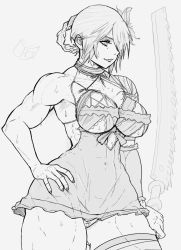 Rule 34 | 1girl, android, biceps, breasts, dress, hand on own hip, highres, kaine (nier), large breasts, muscular, muscular female, nier, nier (series), sawblade, sweat, thick thighs, thighs, weapon, yoracrab