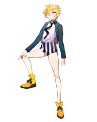 Rule 34 | 1boy, ashikaga hyouta, bishounen series, blonde hair, blush, boots, closed mouth, collared shirt, commentary request, eyelashes, full body, green jacket, hair between eyes, hand on own knee, highres, jacket, knees, long sleeves, male focus, necktie, open clothes, open jacket, shiny skin, shirt, short hair, simple background, smile, solo, standing, suho (1214ovo), white background, yellow eyes, yellow footwear