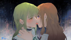 Rule 34 | 2girls, absurdres, bang dream!, bang dream! it&#039;s mygo!!!!!, biting tongue, black background, black choker, blush, brown hair, chinese commentary, choker, commentary request, dated, french kiss, frilled choker, frills, green hair, green ribbon, grey background, hand on another&#039;s neck, highres, kiss, long hair, looking at another, multiple girls, nagasaki soyo, neck ribbon, ribbon, sailor collar, saliva, school uniform, smile, tongue, tongue out, tsukinomori school uniform, upper body, wakaba mutsumi, white sailor collar, yellow eyes, yuan shuang, yuri