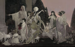Rule 34 | 3boys, 6+girls, barefoot, black hair, chalice, chinese commentary, closed eyes, commentary request, cup, dress, goat, harp, highres, instrument, lute (instrument), multiple boys, multiple girls, music, nature, nightman7917, open mouth, original, outdoors, pillar, playing instrument, red hair, robe, singing, sitting, sky, smile, standing, tambourine, tree, vase, white dress, white robe