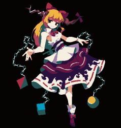 Rule 34 | 1girl, 4qw5, black background, black eyes, bow, chain, closed mouth, cube, footwear bow, full body, hair bow, highres, horn bow, horn ornament, horns, ibuki suika, long hair, looking at viewer, orange hair, orb, pixel art, purple skirt, pyramid (structure), red bow, shirt, simple background, single horn, skirt, sleeveless, sleeveless shirt, smile, solo, touhou, white shirt