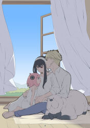 Rule 34 | 1boy, 2girls, anya (spy x family), barefoot, black hair, blonde hair, blue pants, bond (spy x family), child, closed eyes, commentary request, curtains, dog, dress, family, father and daughter, green eyes, hairband, hairpods, highres, husband and wife, kamimiya, long dress, mother and daughter, mountain, multiple girls, open window, page number, pants, pink hair, red eyes, rug, shirt, sidelocks, sitting, smile, spy x family, twilight (spy x family), white dress, white hairband, white shirt, window, yokozuwari, yor briar