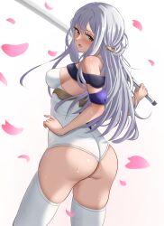 Rule 34 | 1girl, ass, bare shoulders, blush, breasts, cherry blossoms, from behind, goddess of victory: nikke, green eyes, highres, huge ass, leotard, long hair, looking at viewer, looking back, medium breasts, open mouth, scarlet (nikke), sideboob, solo, superbanango, sweat, sword, thick thighs, thighhighs, thighs, very long hair, weapon, white hair