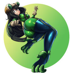 Rule 34 | 10s, 1girl, absurdres, ass, asui tsuyu, black hair, bodysuit, boku no hero academia, curvy, frog girl, gloves, goggles, green bodysuit, highres, hip focus, huge ass, long hair, looking back, solo, thick thighs, thighhighs, thighs, very long hair, voltabass, wide hips