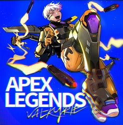 Rule 34 | 1girl, apex legends, armor, blue background, bodysuit, boots, breastplate, chromatic aberration, copyright name, firing, floating, grey hair, highres, jetpack, kaji kento, looking at viewer, armored boots, missile, missile pod, one eye closed, open mouth, orange bodysuit, orange eyes, short hair, smile, solo, thigh boots, valkyrie (apex legends)