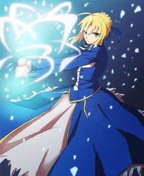 Rule 34 | 1girl, afjc, ahoge, artoria pendragon (fate), bad id, bad pixiv id, blonde hair, dress, fate/stay night, fate (series), green eyes, hair ribbon, invisible air (fate), light particles, ribbon, saber (fate), solo, sword, weapon