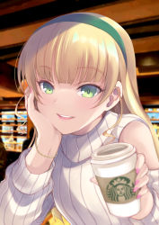 Rule 34 | 1girl, blonde hair, blunt bangs, bracelet, cup, detached sleeves, disposable cup, elbow rest, green eyes, green hairband, hairband, head rest, heanna sumire, highres, holding, holding cup, indoors, inui sekihiko, jewelry, long hair, looking at viewer, love live!, love live! superstar!!, nail polish, open clothes, pink nails, product placement, sleeveless, sleeveless sweater, smile, starbucks, striped clothes, striped sweater, sweater, teeth, turtleneck, turtleneck sweater, upper body, upper teeth only, white sweater