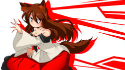 Rule 34 | 1girl, animal ears, bad id, bad pixiv id, bare shoulders, blush, breasts, brooch, brown hair, cleavage, collarbone, dress, fingernails, imaizumi kagerou, jewelry, large breasts, leaning forward, long fingernails, long hair, long sleeves, looking at viewer, nail polish, off-shoulder dress, off shoulder, one-hour drawing challenge, red eyes, red nails, solo, sumiya nadateru, tail, touhou, wide sleeves, wolf ears, wolf tail
