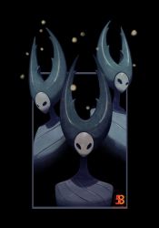Rule 34 | 3others, black border, border, highres, hollow eyes, hollow knight, horns, looking at viewer, mantis lord (hollow knight), mask, max58art, multiple others, no humans, spiked horns