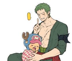 Rule 34 | 2boys, armband, bare pectorals, blank speech bubble, blue hat, blush stickers, drooling, earrings, finger to mouth, furry, furry male, green hair, grimace, hat, japanese clothes, jewelry, male focus, mouth drool, multiple boys, one piece, pectorals, roronoa zoro, scar, scar across eye, scar on chest, short hair, shushing, sleeping, speech bubble, tong noe, tony tony chopper
