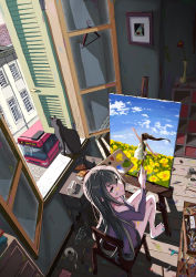 Rule 34 | 108tooya, 1girl, art brush, barefoot, black cat, black hair, bread, bus, canvas (object), cat, chair, easel, flower, food, glass, highres, indoors, long hair, motor vehicle, oekaki musume, open window, original, paint stains, paintbrush, painting (action), painting (object), sitting, spill, toilet paper, vehicle, window