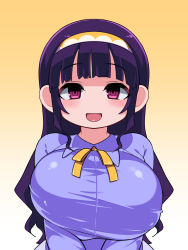 Rule 34 | 1girl, :d, blunt bangs, blush, breasts, breasts squeezed together, bursting breasts, gradient background, hairband, highres, huge breasts, long hair, long sleeves, looking at viewer, neck ribbon, open mouth, original, purple eyes, purple hair, purple shirt, ribbon, ringed eyes, shirt, shortstack, smile, solo, unaligned breasts, upper body, yellow background, yellow ribbon, zankuro