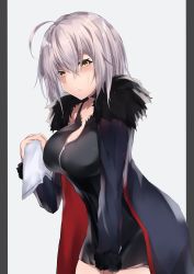 Rule 34 | 1girl, absurdres, black dress, blue jacket, breasts, cleavage, collarbone, commentary request, dress, fate/grand order, fate (series), fur-trimmed jacket, fur-trimmed sleeves, fur trim, grey background, hair between eyes, hand up, head tilt, highres, holding, jacket, jeanne d&#039;arc (fate), jeanne d&#039;arc alter (fate), jeanne d&#039;arc alter (ver. shinjuku 1999) (fate), large breasts, leaning forward, long hair, long sleeves, official alternate costume, open clothes, open jacket, parted lips, silver hair, solo, two-tone background, white background, wicked dragon witch ver. shinjuku 1999, yellow eyes, yuki maccha (yukimattya10)