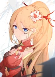 Rule 34 | 1girl, absurdres, bad id, bad pixiv id, bare shoulders, bianka durandal ataegina, bianka durandal ataegina (dea anchora), blonde hair, blue eyes, breasts, chinese clothes, cleavage, closed mouth, flower, hair flower, hair ornament, highres, honkai (series), honkai impact 3rd, long hair, looking at viewer, monocle, ponytail, smile, solo, sparks summer, white background