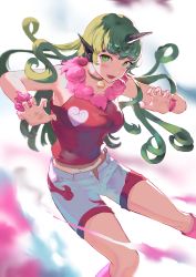 Rule 34 | 1girl, :d, absurdres, adapted costume, animal ears, bare shoulders, bell, breasts, claw pose, collar, dog ears, eyebrows hidden by hair, fangs, feet out of frame, floating hair, green eyes, green hair, highres, horns, jingle bell, komano aunn, long hair, looking at viewer, medium breasts, midriff, neck bell, open mouth, red shirt, shirt, shorts, simple background, single horn, sleeveless, sleeveless shirt, smile, solo, teasmacker, touhou, very long hair, white background, white shorts