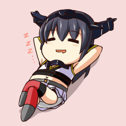 Rule 34 | 10s, 1girl, ^ ^, arms holding thighs, bare shoulders, black hair, chibi, closed eyes, drooling, closed eyes, hairband, kantai collection, mouth drool, nagato (kancolle), nishi koutarou, open mouth, panties, pantyshot, skirt, sleeping, smile, solo, thighhighs, underwear, zzz