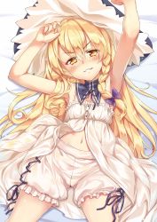 Rule 34 | 1girl, absurdres, armpits, arms up, babydoll, bare arms, bed sheet, blonde hair, bloomers, blush, bow, braid, commentary request, cowboy shot, hair between eyes, hair bow, hat, highres, kirisame marisa, long hair, looking at viewer, lying, navel, nose blush, oborofu, on back, purple bow, side braid, sidelocks, single braid, smile, solo, touhou, underwear, yellow eyes