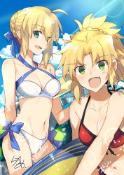 Rule 34 | &gt;:d, 2girls, :d, ahoge, artist name, artoria pendragon (all), artoria pendragon (fate), artoria pendragon (swimsuit archer) (fate), artoria pendragon (swimsuit archer) (first ascension) (fate), beach, bikini, blonde hair, blue sky, braid, breasts, cloud, cloudy sky, collarbone, criss-cross halter, day, fang, fate/grand order, fate (series), french braid, green eyes, halterneck, highres, holding, lens flare, light rays, long hair, looking at viewer, medium breasts, mordred (fate), mordred (fate) (all), mordred (fate/apocrypha), mordred (swimsuit rider) (fate), mordred (swimsuit rider) (first ascension) (fate), multiple girls, nikame, open mouth, outdoors, parted bangs, ponytail, saber (fate), sidelocks, signature, sky, smile, sunbeam, sunlight, surfboard, swimsuit, v-shaped eyebrows, white bikini