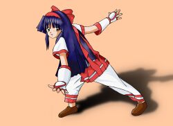 Rule 34 | 1girl, ainu clothes, blue hair, fingerless gloves, gloves, green eyes, hair ribbon, highres, leaning forward, legs, long hair, looking at viewer, nakoruru, open mouth, pants, ribbon, samurai spirits, smile, snk, solo, the king of fighters, thighs