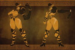Rule 34 | 1girl, aiming, ankleband, arm at side, arm cannon, ass, black hair, black loincloth, breasts, chest harness, choker, clenched hand, colored skin, curly hair, douglas harvey, facial scar, facing away, full body, gladiator sandals, greek key, hand on own hip, harness, high heels, high ponytail, knee pads, limited palette, loincloth, looking down, looking to the side, mechanical arms, medium breasts, multiple views, narrow waist, nipples, open hand, original, outline, outstretched arm, patterned background, sandals, sash, scar, scar on arm, scar on ass, scar on back, scar on cheek, scar on face, scar on leg, scroll background, shoulder pads, sideboob, simple background, single bare shoulder, single mechanical arm, standing, thick thighs, thighs, tiara, toned, weapon, wide hips, yellow skin, yellow theme