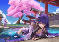 Rule 34 | 2girls, bare shoulders, bow, breasts, bridal gauntlets, cleavage, dress, flower, genshin impact, hair flower, hair ornament, highres, holding, holding umbrella, japanese clothes, jewelry, ko-ma, long hair, looking at viewer, lying, multiple girls, off-shoulder dress, off shoulder, on stomach, partially submerged, raiden shogun, ring, sidelocks, smile, spoilers, thighhighs, thighs, torii, tree, umbrella, water