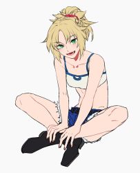 Rule 34 | 1girl, blonde hair, fate/apocrypha, fate (series), green eyes, grey background, long hair, mordred (fate), mordred (fate/apocrypha), mordred (memories at trifas) (fate), ponytail, short shorts, shorts, simple background, sitting, smile, solo, sports bra, tenobe