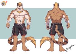 Rule 34 | 1boy, abs, animal ears, bara, barefoot, black shorts, blonde hair, brown hair, bulge, chain, chest hair, commission, ear piercing, facial hair, facial scar, forgetch (chen0for), full body, furrification, furry, furry male, goatee, highres, large pectorals, lion boy, lion ears, lion tail, looking at viewer, male focus, mature male, multicolored hair, multiple views, muscular, muscular male, navel, nipples, original, pectorals, piercing, romg, romg the jaguar, scar, scar across eye, scar on back, scar on cheek, scar on chest, scar on face, short hair, shorts, sideburns, spiked hair, stomach, stomach tattoo, tail, tattoo, thick eyebrows, topless male, two-tone hair, undercut