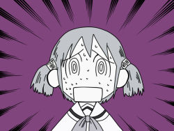 Rule 34 | 1girl, crazy eyes, cube hair ornament, female focus, hair bobbles, hair ornament, monochrome, naganohara mio, nichijou, nickname, notice lines, open mouth, portrait, purple background, ringed eyes, school uniform, serafuku, short twintails, simple background, solo, square mouth, sweat, sweatdrop, tokisadame school uniform, twintails