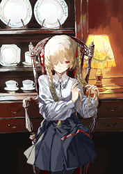 Rule 34 | 1girl, absurdres, black ribbon, blonde hair, blue skirt, braid, braiding hair, cabinet, closed mouth, collared shirt, commentary, cowboy shot, cup, drawer, expressionless, furirikkuru, hair over one eye, hair ribbon, hairdressing, highres, indoors, lace-trimmed collar, lace trim, lamp, long hair, long sleeves, looking down, neck ribbon, on chair, original, plate, pleated skirt, red eyes, red ribbon, ribbon, saucer, shirt, sitting, skirt, solo, twin braids, white shirt
