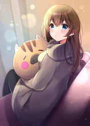 Rule 34 | 1girl, animal, bad id, bad pixiv id, black pantyhose, blue eyes, blush, boar, breasts, brown hair, brown jacket, chinese zodiac, closed mouth, commentary request, couch, hair between eyes, highres, jacket, long hair, looking at viewer, looking back, looking to the side, medium breasts, minami saki, on couch, original, pantyhose, shirt, sitting, solo, white shirt, year of the pig