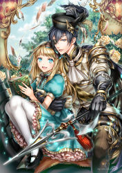 Rule 34 | 1boy, 1girl, ace (playing card), ace of spades, alice (alice in wonderland), arm around waist, bad id, bad pixiv id, black footwear, black gloves, black hair, blonde hair, blue dress, blue eyes, book, boots, brown footwear, card, doro (sabarudoro), dress, eyepatch, flower, gloves, hat, holding, holding weapon, mary janes, one eye covered, open mouth, original, pantyhose, petticoat, playing card, polearm, riding, shoes, spade (shape), thigh boots, thighhighs, watermark, weapon, white thighhighs, yellow flower