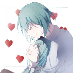 Rule 34 | 1boy, 1girl, aqua eyes, aqua hair, bad id, bad pixiv id, chinese commentary, commentary, framed image, genderswap, genderswap (ftm), grey shirt, hatsune miku, hatsune mikuo, headphones, headset, heart, heart background, hetero, highres, hug, hug from behind, key asan, looking at another, looking down, looking up, open mouth, outside border, shirt, smile, upper body, vocaloid, white background